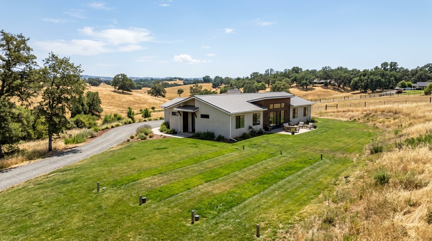 Rural Placer County home with white gutters and downspouts discharging away from a green leach field area