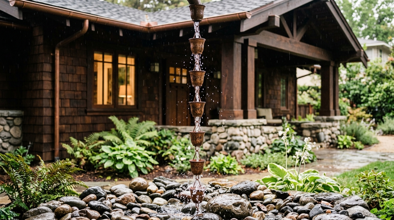 Copper rain chain hanging from a residential gutter cascading water into a river rock basin at a Rocklin California home