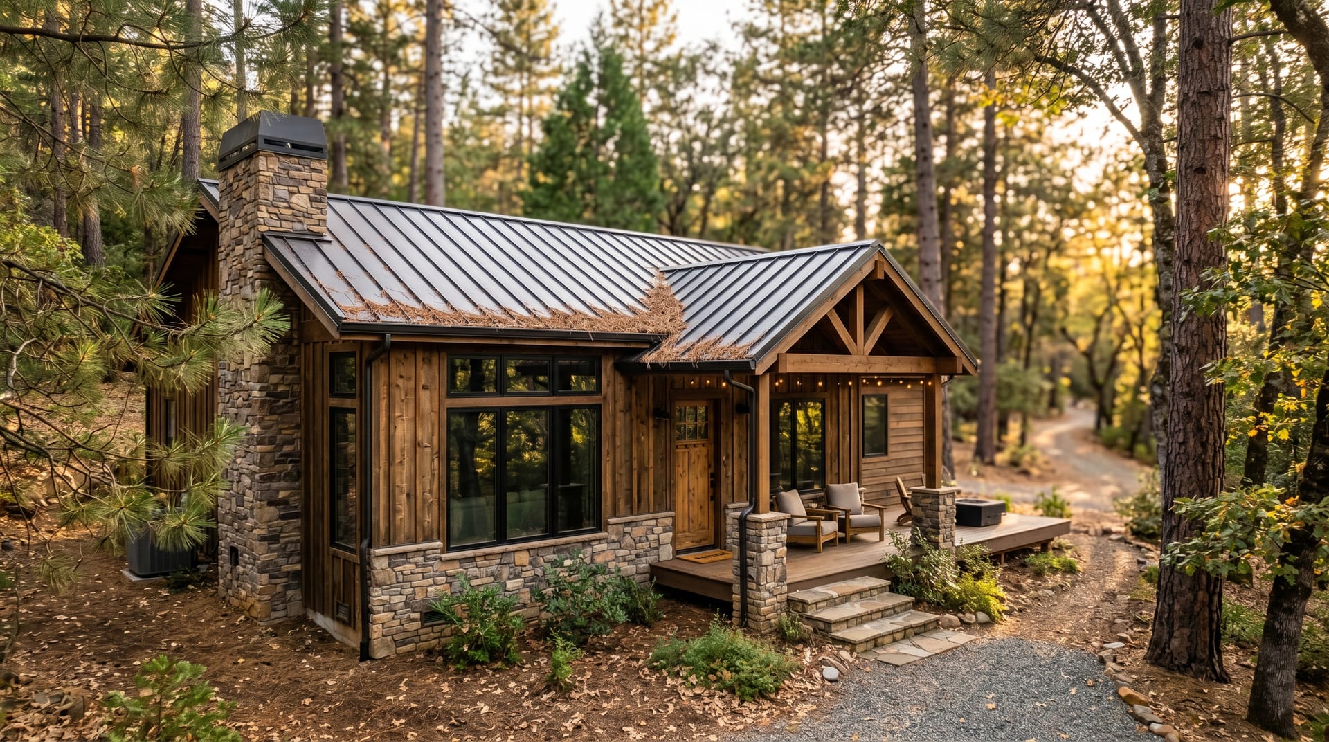 Placer County foothill short-term rental cabin with metal K-style gutters along the roofline, surrounded by ponderosa pine and valley oak near Auburn and Meadow Vista