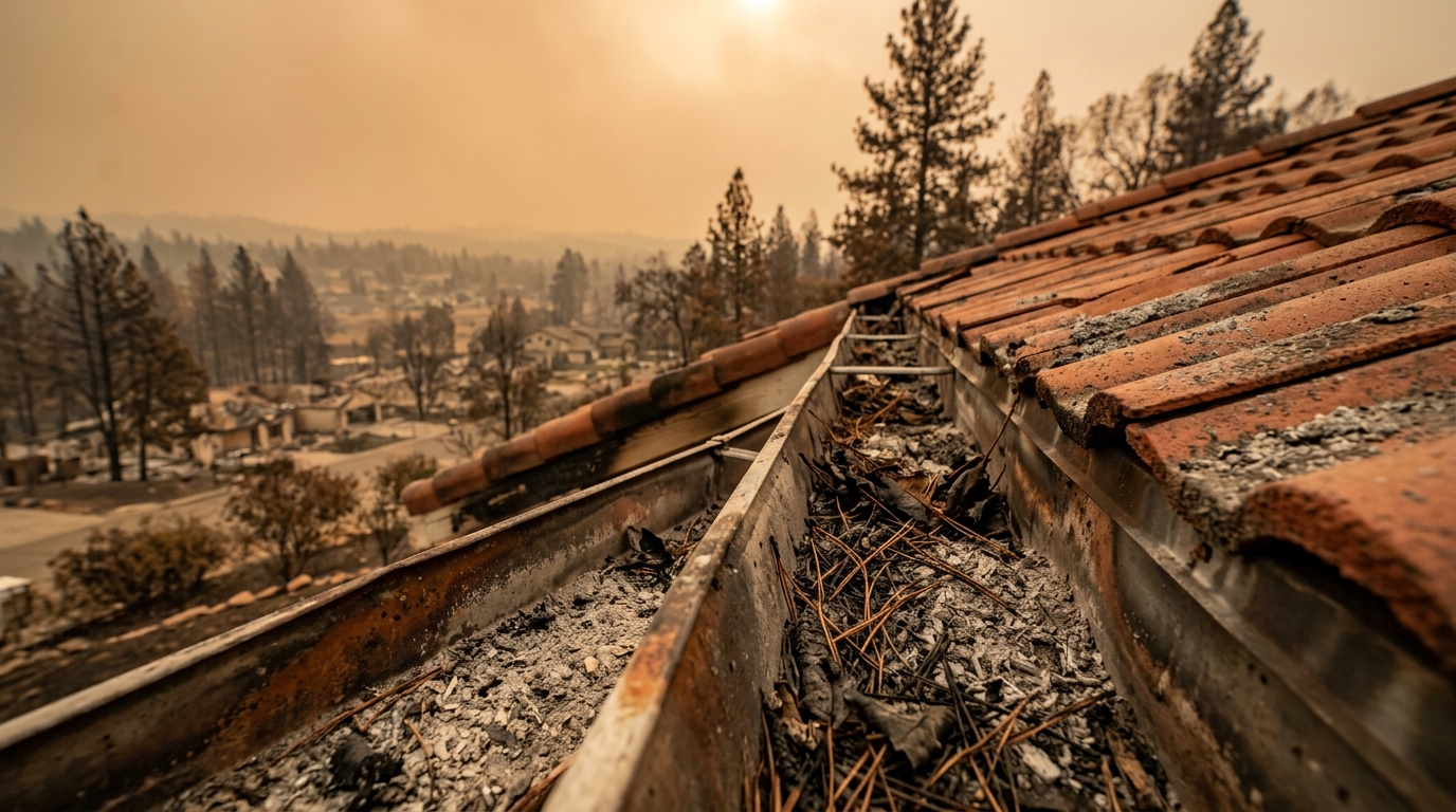Aluminum gutter on a Placer County home filled with grey wildfire ash and charred pine needles after a Sierra Nevada wildfire