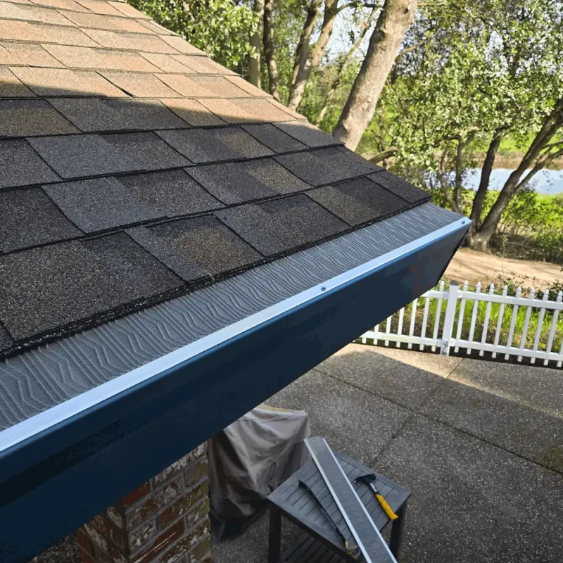 Black seamless gutter with micro-mesh guard on an architectural shingle roof beside a backyard patio