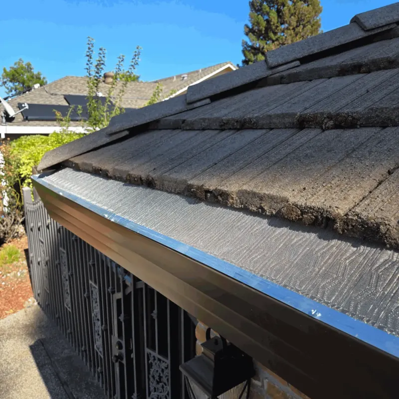 Brown seamless gutter with micro-mesh guard under a weathered concrete shake tile roof