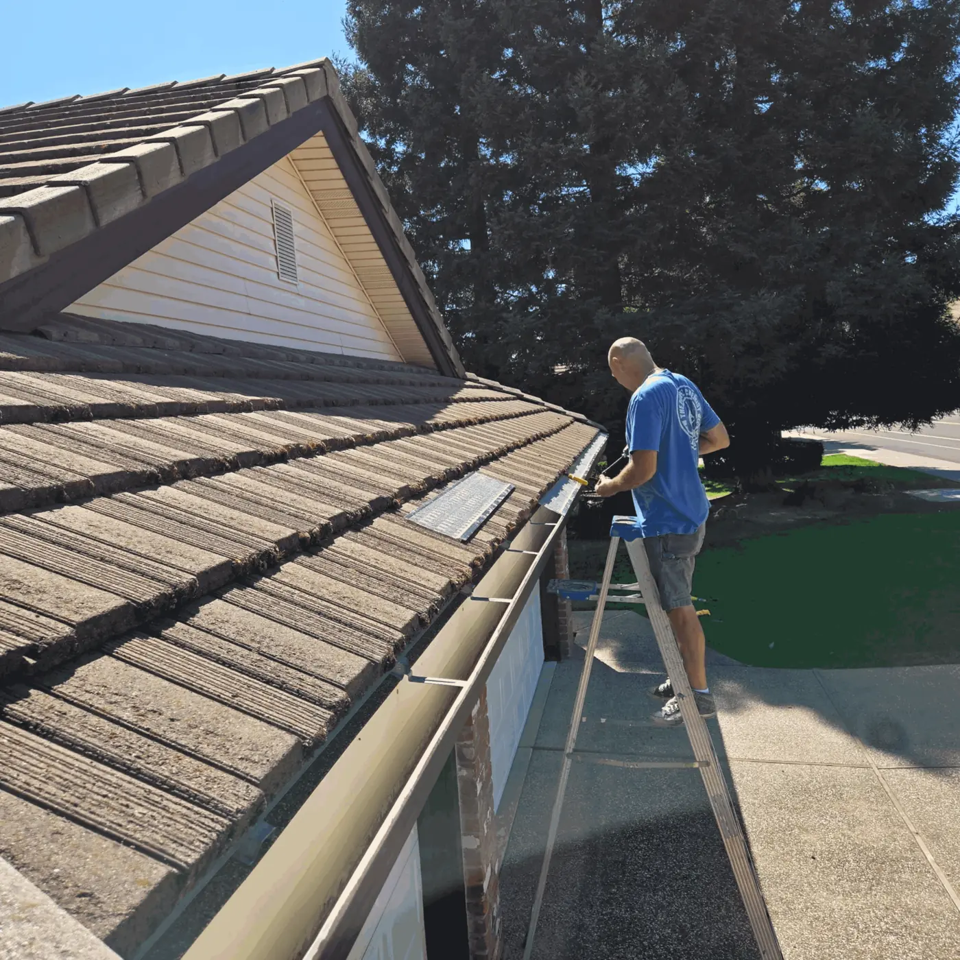 Installer on a step ladder fastening micro-mesh guard to a brown gutter over a garage